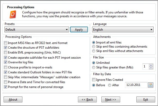 Configure EML to PST conversion options