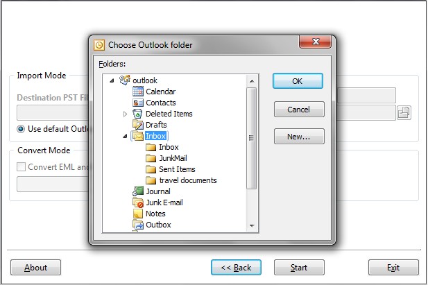 Choose target Outlook folder to import PDF files